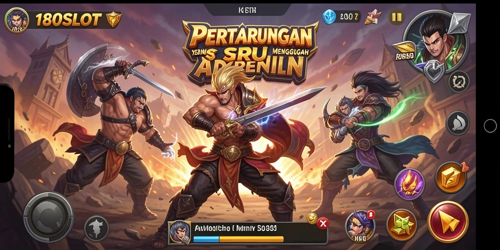 Tampilan gameplay seru di <strong>180SLOT</strong> dengan karakter bertarung di arena.