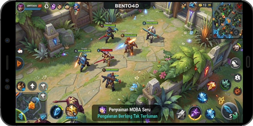 Screenshot BENTO4D menampilkan pertarungan intens di arena MOBA.
