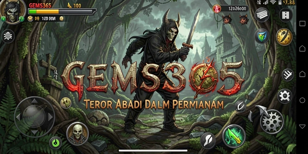 Screenshot gameplay GEMS365 menunjukkan suasana mencekam dan penuh teror.