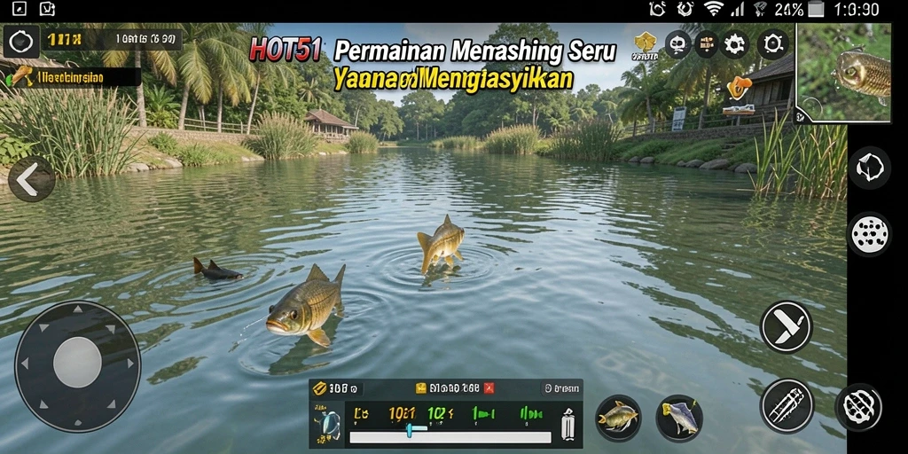 Tangkapan screenshot dari gameplay HOT51 saat memancing ikan di danau.