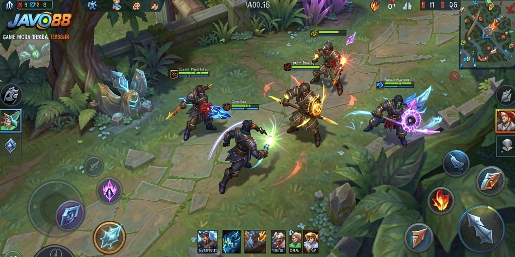 Tangkapan layar permainan JAVO88 menampilkan aksi MOBA yang intens dan strategis.
