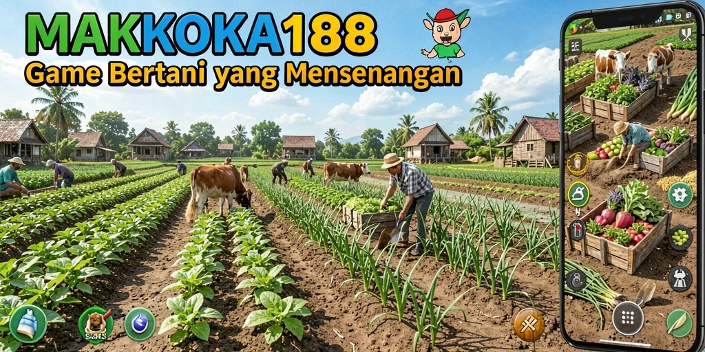 Screenshot utama MAHKOTA188 menampilkan karakter bertani dan kebun yang rimbun.