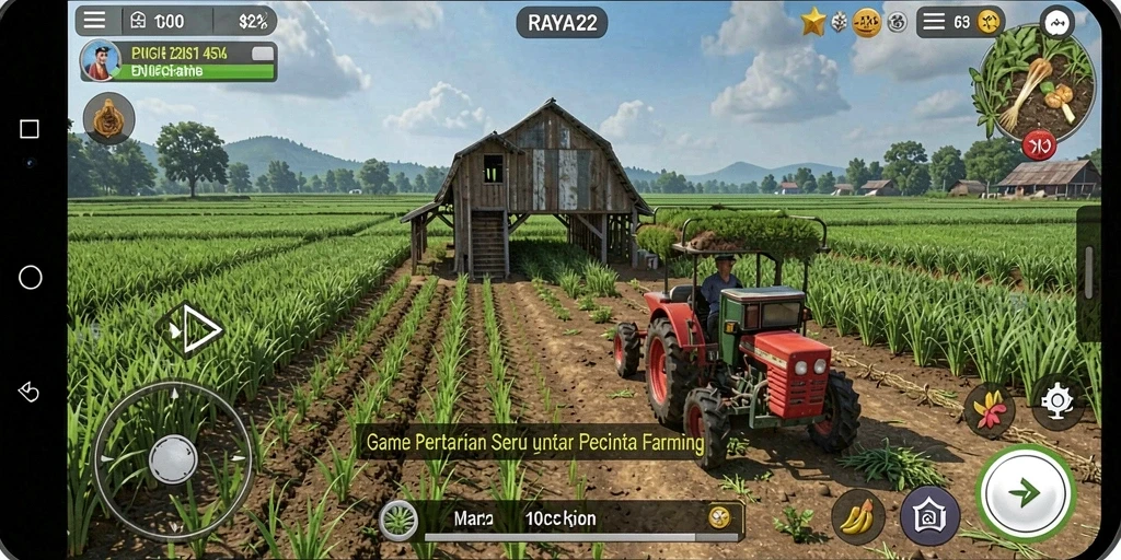 Screenshot gameplay RAYA22 menampilkan pertanian yang indah dan aktif.