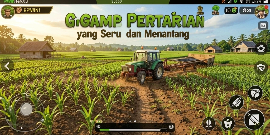 Screenshot gameplay RPWIN1 memperlihatkan ladang yang subur dengan berbagai tanaman.