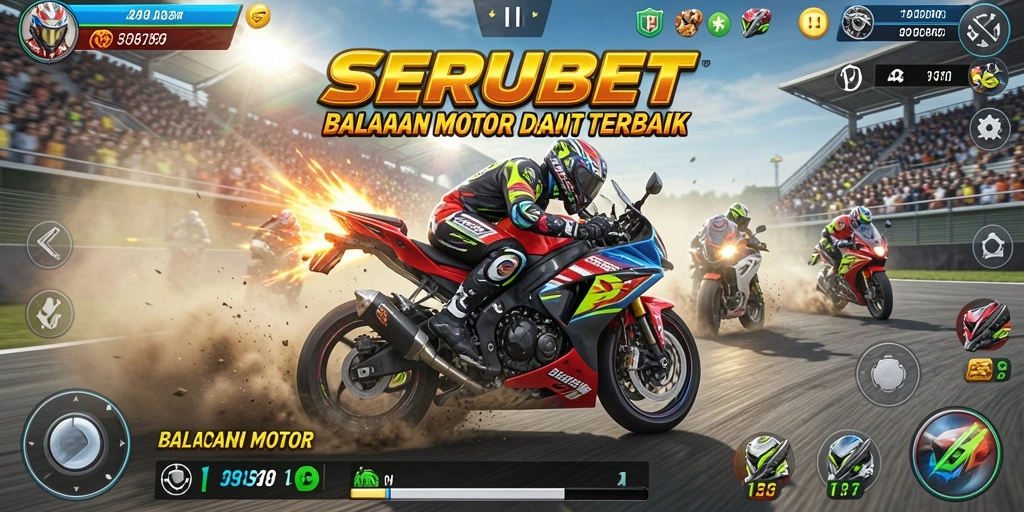 Screenshot SERUBET menunjukkan balapan motor seru di trek menantang.